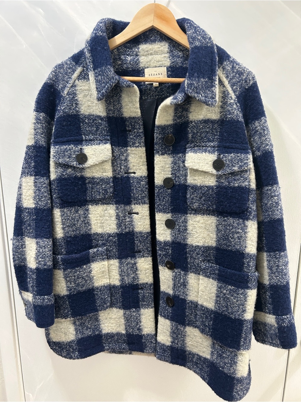 Sezane Navy & Cream Plaid Wool-Blend Jacket